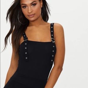 PrettyLittleThing black buckle strap bodysuit